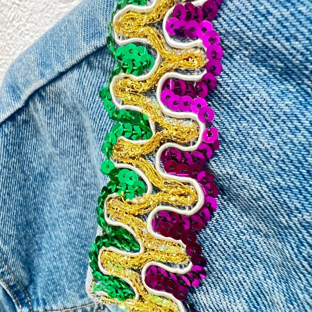 Mardi Gras Festival Women Fringe DenimJacket XL Embellishment Rhinestone Sequin